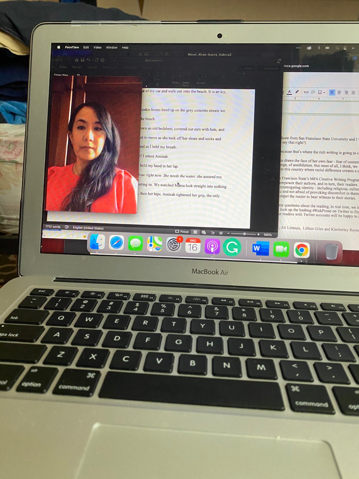 Sabina Khan-Ibarra teaching an online class from her laptop